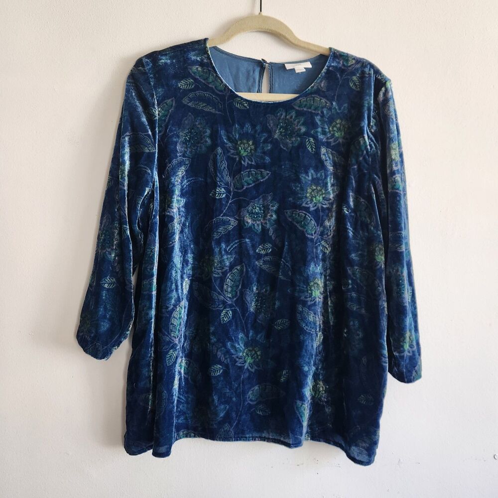 J.Jill velvet blue green floral long sleeve L top whimsical ethereal holiday‎